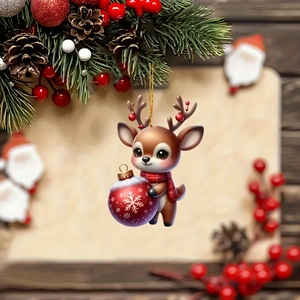 Christmas 2D acrylic reindeer ornament with red scarf and snowflake on a festive background