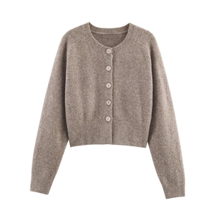 Women Knit Cardigan Sweater Cropped Top Button Down Crew Neck Long Sleeve Solid Color Soft Warm Elegant Autumn Winter