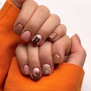 Press On Nails Short Square Round Glossy Brown Coffee Nude Pink Cartoon Bear Clouds Pattern Removable False Nails For Women