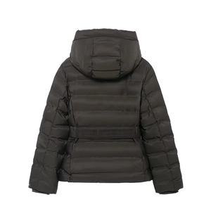 Rear view of waterproof hooded puffer jacket with horizontal quilting and elastic waist