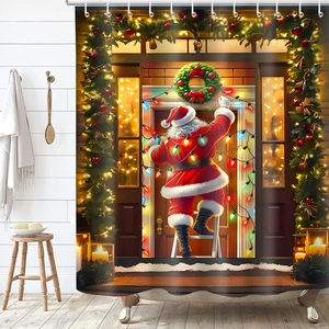 Détail d'un rideau de douche 3D avec impression numérique du Père Noël grimpant à l'échelle