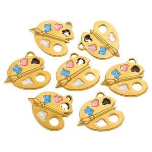 Artistic oil palette pendants in gold finish with colorful enamel paint drops for DIY necklaces