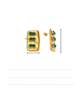 Detail view of irregular gold stainless steel earrings with green stones and dimensions