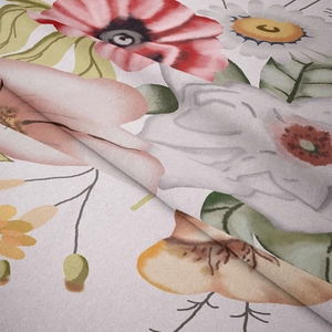 Close-up of soft floral tapestry fabric with vibrant digital print and plush texture