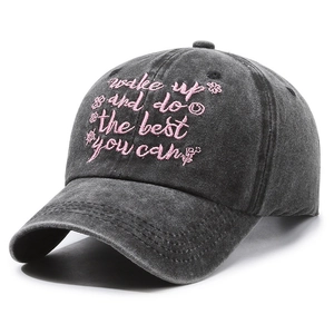 Vintage washed charcoal baseball cap with pink floral embroidery and inspirational quote