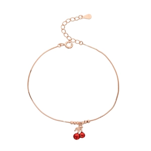 Elegant S925 sterling silver cherry pendant bracelet in rose gold with adjustable chain