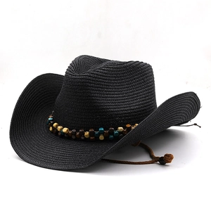 Classic black straw cowboy hat with colorful beaded band and adjustable chin strap
