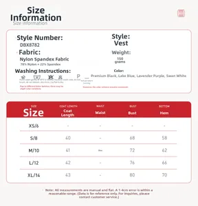 Size chart for women's yoga vest with detailed fabric specs and washing instructions