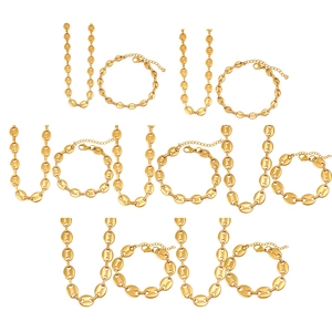 Golden stainless steel coffee bean link necklaces and bracelets in various sizes