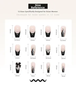 Size guide for 3D butterfly bow press-on nails showing 12 different length dimensions