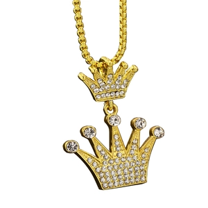 Hip hop crown necklace in gold finish with sparkling cubic zirconia diamond settings