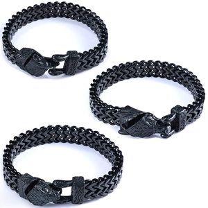 Black stainless steel woven chain bracelet featuring detailed animal head carved clasp