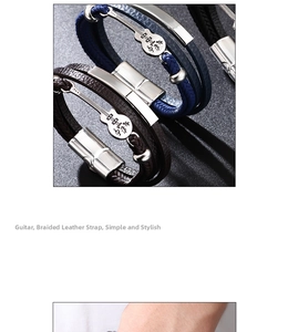 Close-up of men's leather bracelets featuring a detailed silver guitar pendant and magnetic clasp
