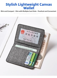 Macro shot of gray canvas slim wallet showing interior card slots and ID window