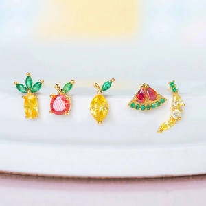 Five-piece set of S925 silver fruit stud earrings with colorful zircon stones in gold finish