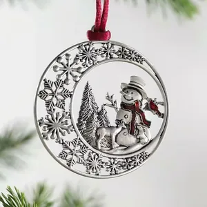 Silver metal Christmas tree ornament featuring a snowman reindeer and red silk ribbon