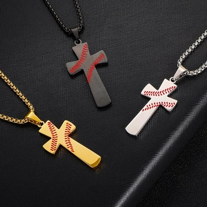 Men's stainless steel cross necklace with red baseball stitching in gold black and silver