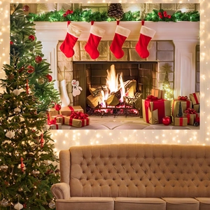 Christmas background tapestry with festive fireplace, red stockings and gift boxes