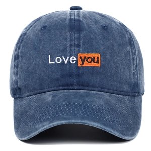 Distressed dark blue washed cotton baseball cap featuring Love You embroidery on front