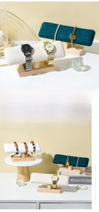 Detail of wooden jewelry display stand with soft white PU leather and green velvet texture
