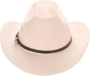 Detail of beige felt cowboy hat with black leather band and metal buckle accessory