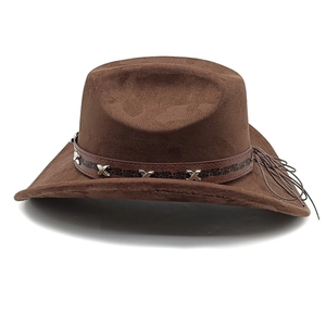 Detail of dark brown suede cowboy hat with metal X rivets and leather band decoration