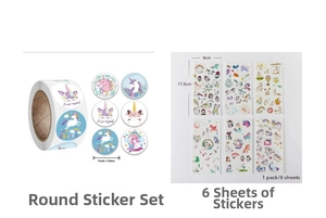 Set detallado de pegatinas de unicornio con etiquetas redondas y hojas decorativas