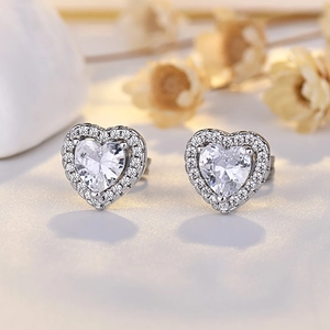 S925 sterling silver heart earrings with micro-set cubic zirconia in a romantic design