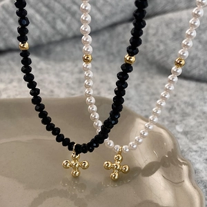 Elegant Copper Beaded Necklace With Faux Artificial Pearl And Black Crystal Cross Pendant Vintage Choker Jewelry