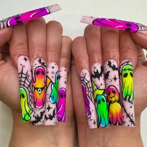Extra long square Halloween press-on nails with colorful ghost, bat and spider web art
