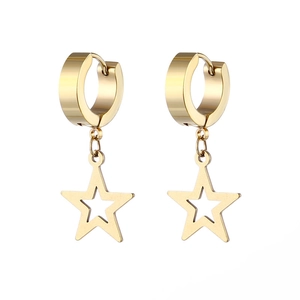 Detail of golden stainless steel hoop earrings with hollow star charms on white background