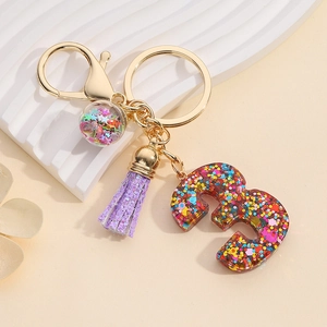 Resin lucky number 3 keychain with colorful sequins, glitter tassel and glass ball