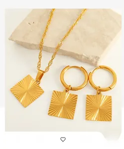 Detail of 18K gold plated stainless steel square pendant with sunburst texture