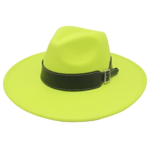 Detail of neon green wide brim fedora hat with black faux leather belt and metal buckle