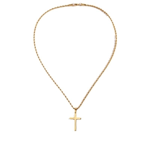 Golden titanium steel cross pendant necklace with textured rope chain for men