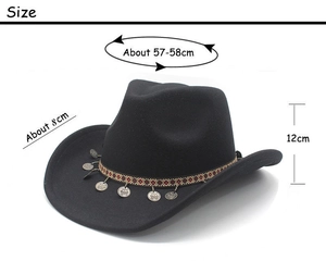 Detailed dimensions of black cowboy hat with ethnic ribbon and bronze coin pendants