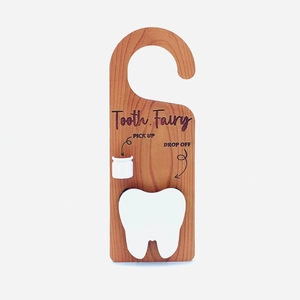 Wooden tooth fairy door hanger with pick up and drop off slot for kids' tooth loss gifts