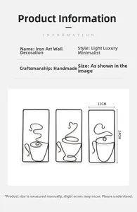 Detailed macro view of three minimalist black iron coffee cup wall art pieces