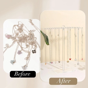 Visual before and after comparison of acrylic necklace organizer showing tidy jewelry storage