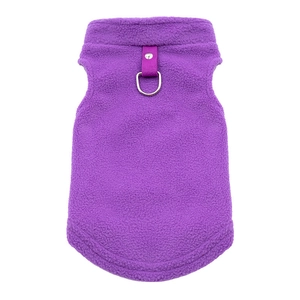 Close-up of purple fleece dog vest featuring durable metal D-ring and soft texture