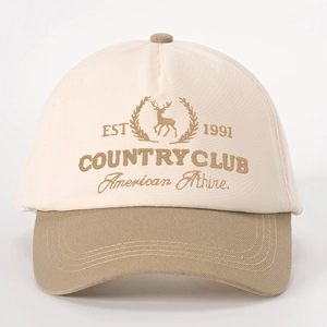 Retro baseball cap with elk embroidery and EST 1991 text in beige and khaki contrast