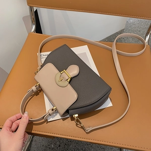 Detailed view of bicolor saddle bag featuring gold metal buckle and pebbled leather texture