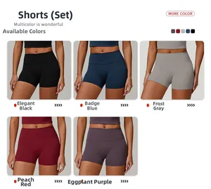 Detailed flat lay of high-waist sports shorts in five colors for yoga and fitness training