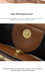 Detail of high-quality gold plated magnetic closure on bicolor leather shoulder bag