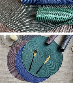 Detailed texture of circular woven PP placemats in multiple colors with elegant cutlery