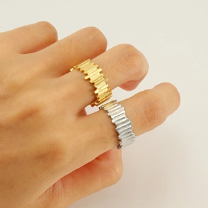 Stainless Steel Ring For Women 18K Gold Plated Vertical Stripe Texture Adjustable Open Design Minimalist Jewelry