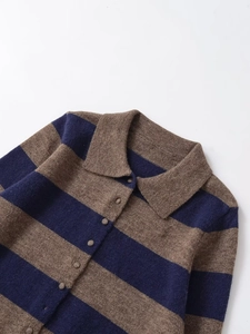 Detailed close-up of striped knit polo shirt texture with navy and brown bands