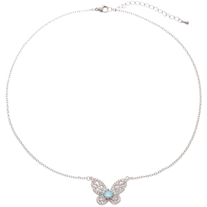 Elegant zircon butterfly necklace with a blue cat-eye stone pendant on a silver chain