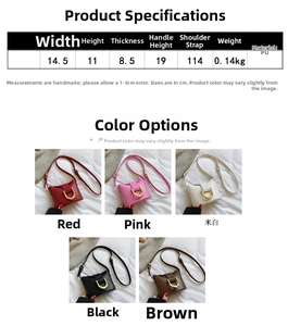 Size chart for women's mini crossbody bag showing dimensions and available color options