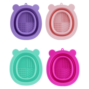 Bear-shaped silicone makeup brush cleaning bowl set with multi-textured scrubbing surface